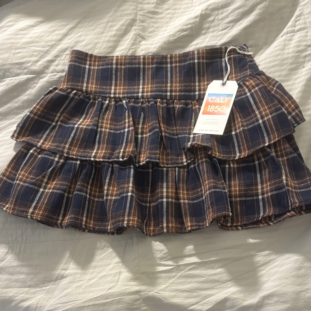 Cali 1850 Grunge Blue and Brown Plaid Mini Ruffled Skirt